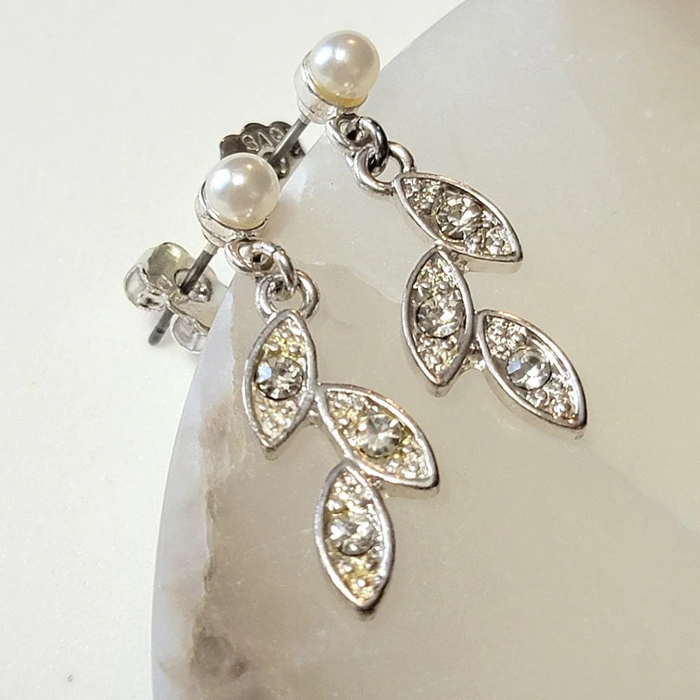 Marquise Leaves Pearlesque Earrings Avon Silver Tone Faux Pearl and Diamond